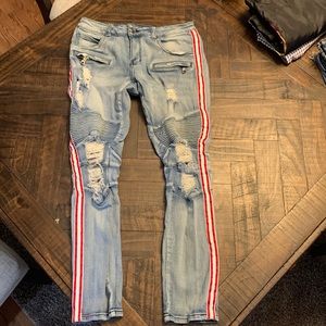 Never Worn. Ripped Jeans with Red and white Stripes. Size 30